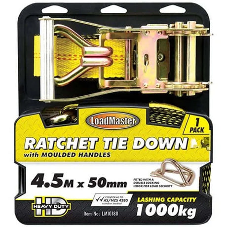 1 Piece 4.5, 6, 10 Meters Ratchet Tie Down, Locking Hooks, Padded Handles - LoadMaster 4.5 Metre