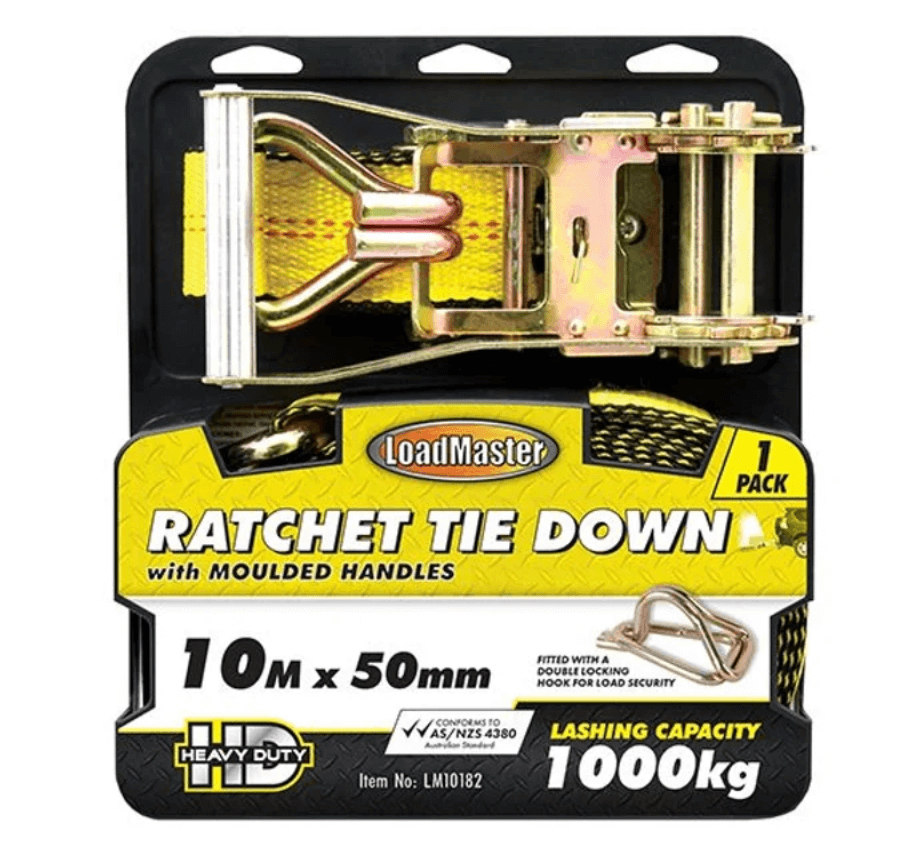 1 Piece 4.5, 6, 10 Meters Ratchet Tie Down, Locking Hooks, Padded Handles - LoadMaster 10 Metre