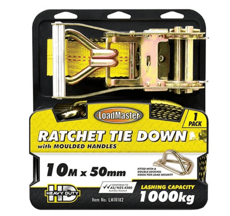 1 Piece 4.5, 6, 10 Meters Ratchet Tie Down, Locking Hooks, Padded Handles - LoadMaster | Universal Auto Spares