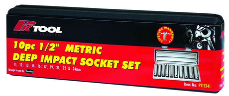 10 Piece 1/2” 6PT Metric CR-V Deep Impact Socket Set - PKTool