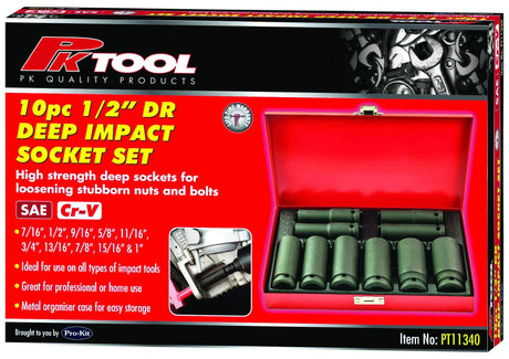 10 Piece 1/2” 6PT SAE CR-V Deep Impact Socket Set - PKTool