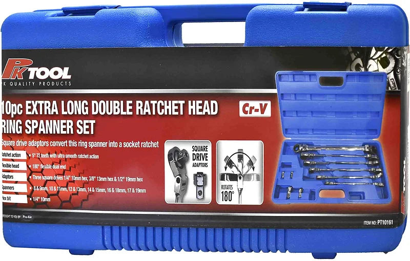 10 Pieces Extra Long Double Ratchet Head Ring Spanner Set - PKTool