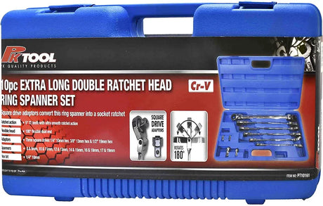 10 Pieces Extra Long Double Ratchet Head Ring Spanner Set - PKTool