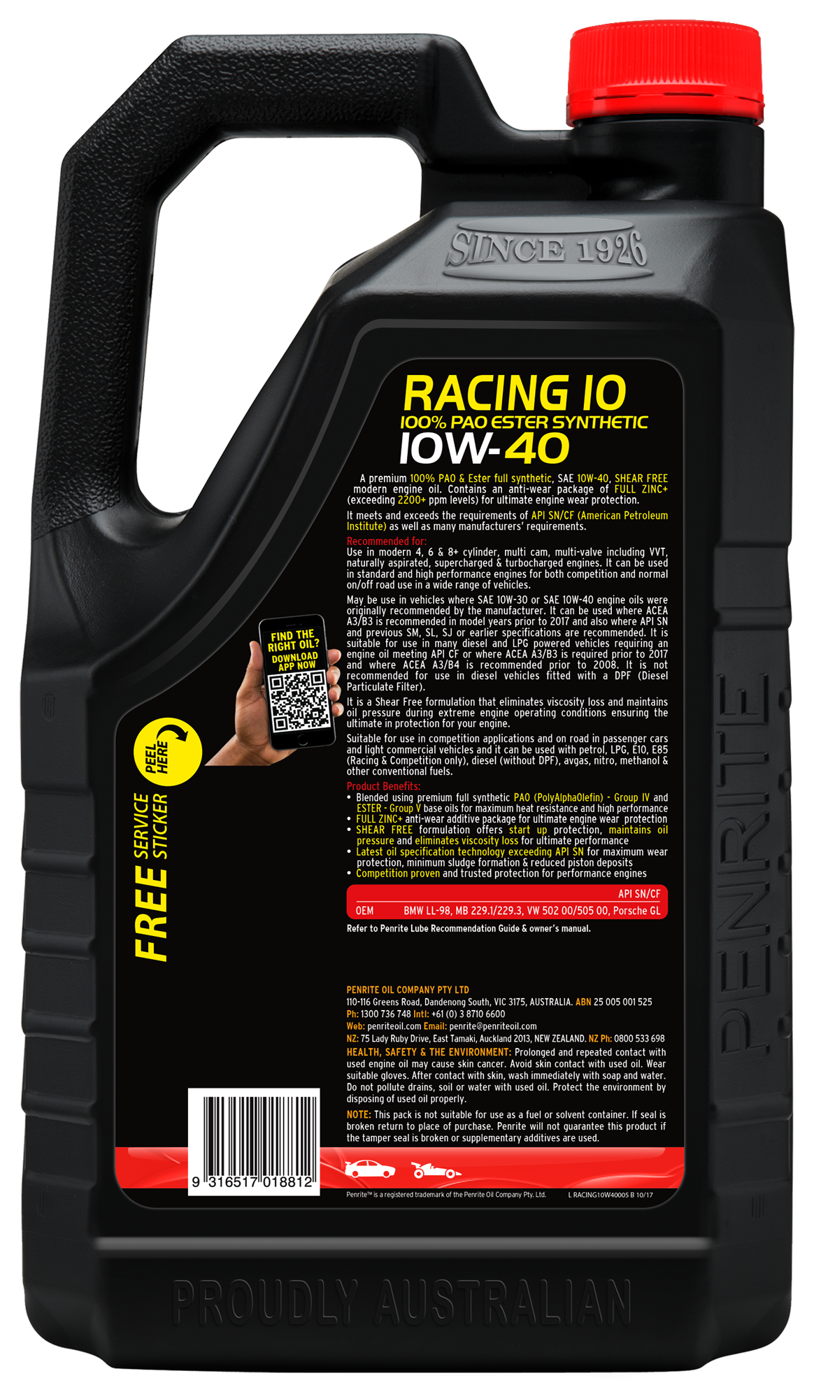 10 Tenth Racing 10W-40 (100% PAO & ESTER) - Penrite 4 X 5 Litre (Carton Only)
