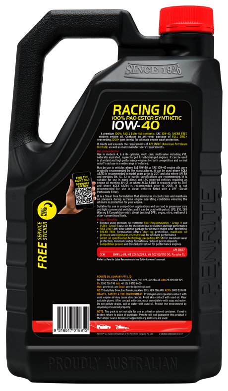 10 Tenth Racing 10W-40 (100% PAO & ESTER) - Penrite 4 X 5 Litre (Carton Only)