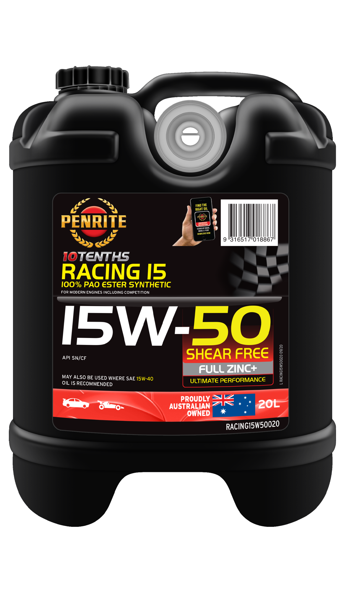 10 Tenth Racing 15W-50 (100% PAO & ESTER) - Penrite 4 X 5 Litre (Carton Only) 20L