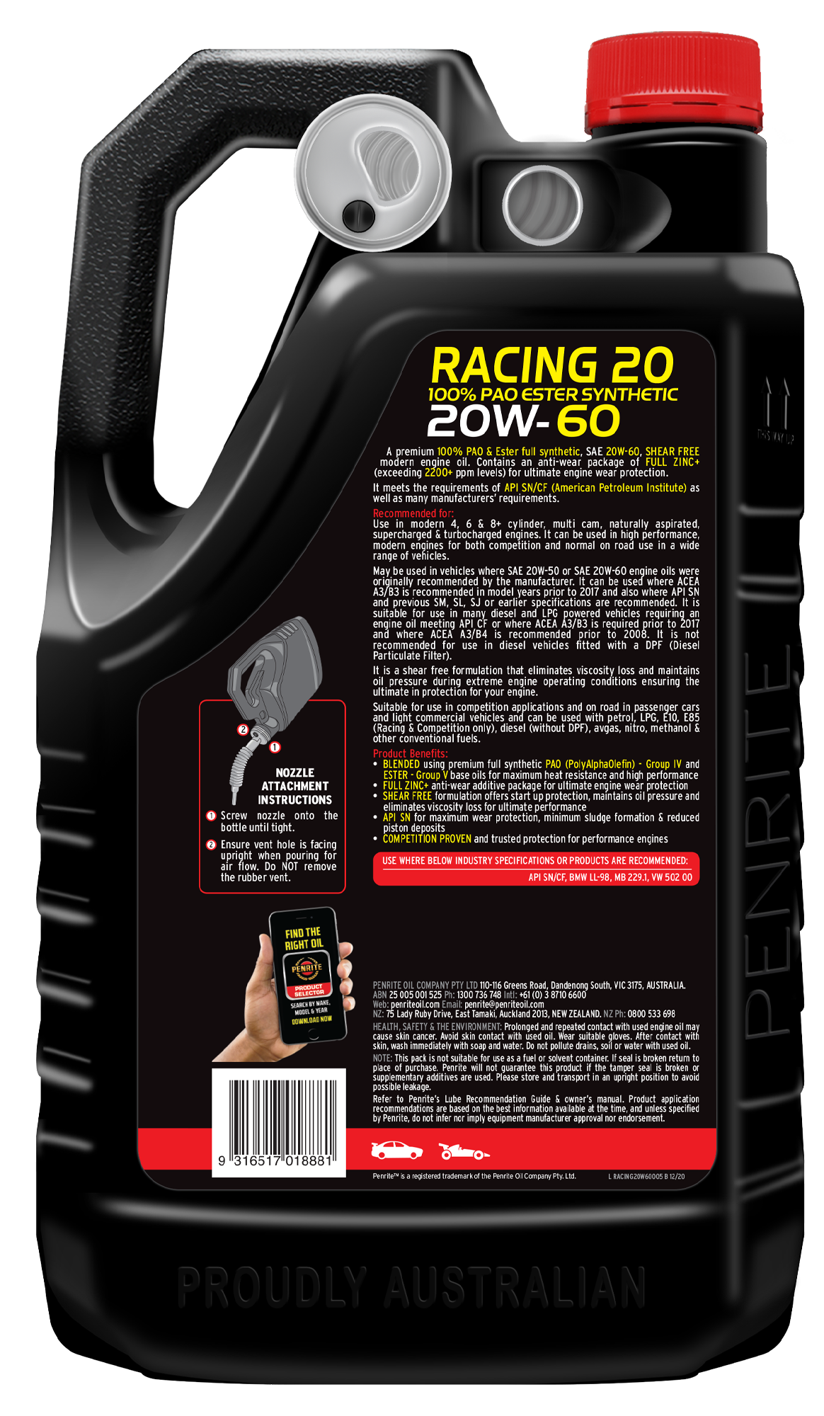 10 Tenth Racing 20W-60 (100% PAO & ESTER) - Penrite 4 X 5 Litre (Carton Only)