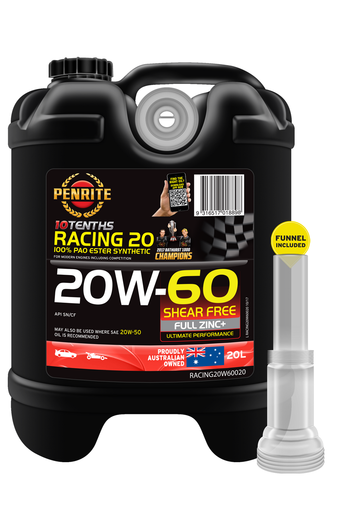 10 Tenth Racing 20W-60 (100% PAO & ESTER) - Penrite 4 X 5 Litre (Carton Only) 20L