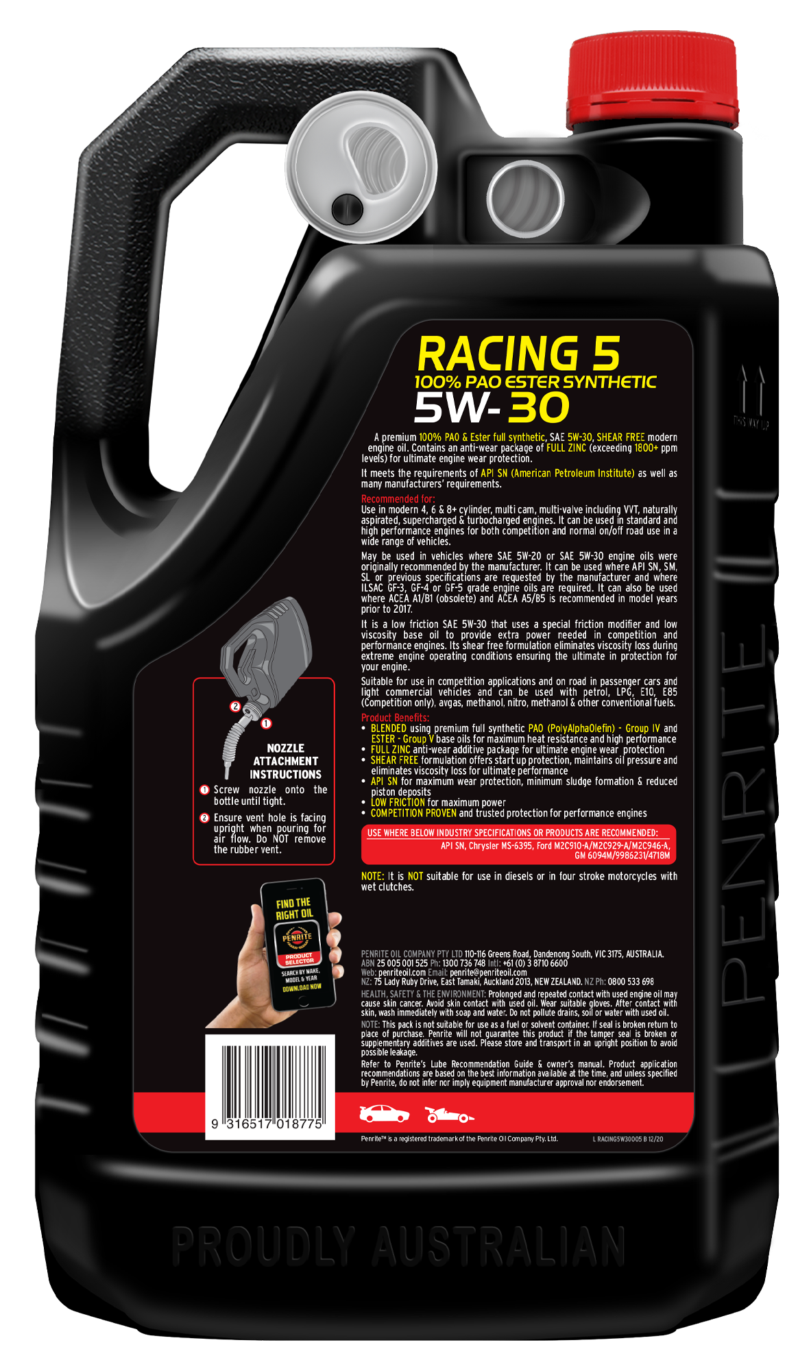 10 Tenths Racing 5W-30 (100% PAO & ESTER) - Penrite 4 X 5 Litre (Carton Only)