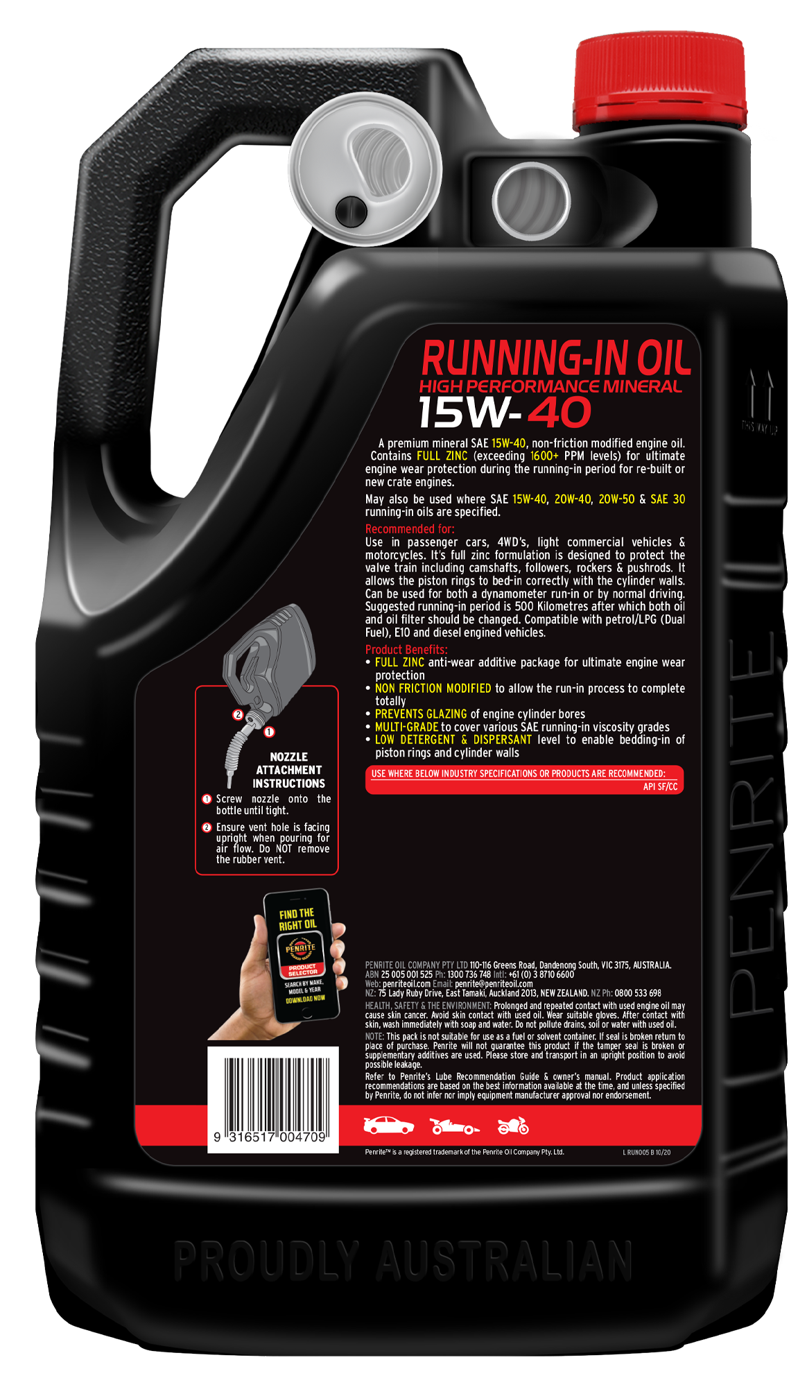 10 Tenths Running-in Oil 15W-40 (Mineral) 5L - Penrite 4 X 5 Litre (Carton Only)
