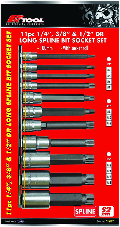 11 Piece 1/4”, 3/8” & 1/2” Dr 100mm Spline Bits Socket Set - PKTool