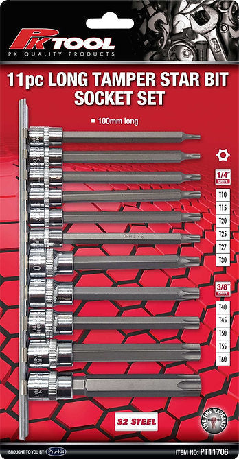 11 Piece 1/4” & 3/8” DR 6PT Long Tamper Star Bits Socket Set - PKTool