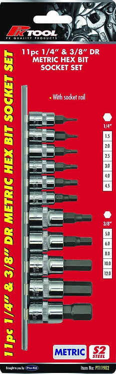 11 Piece 1/4” & 3/8” DR Metric Hex Bit Socket Set - PKTool