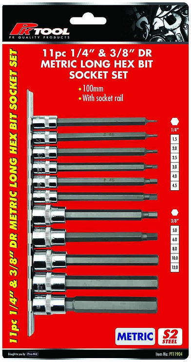 11 Piece 1/4” & 3/8” Metric 100mm Hex Bits Socket Set - PKTool