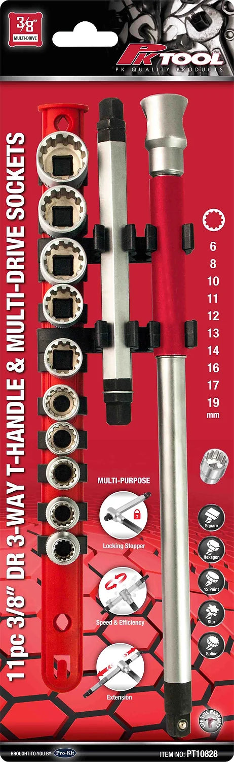 11 Piece 3/8” DR CR-V Short Tooth Sockets 3-Way T-Handle Wrench Set - PKTool