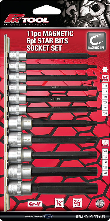 11 Piece Magnetic 1/4” & 3/8” DR 6PT Star Bits Socket Set - PKTool