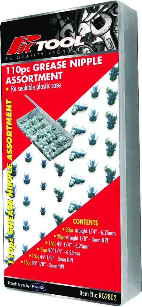 110 Piece Grease Nipple Assortment 110PC SAE 1/4'' & 1/8'' - PKTool