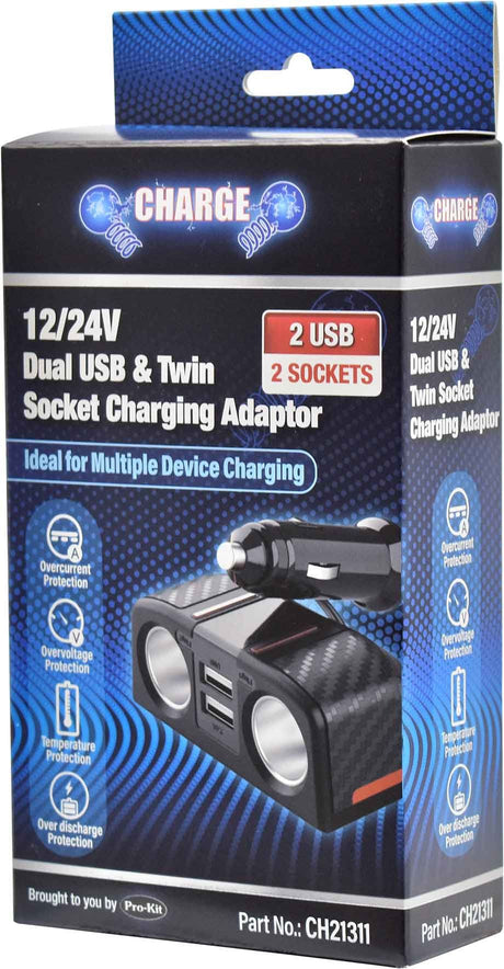 12/24V Dual USB & Twin Socket Charging Adaptor - Charge