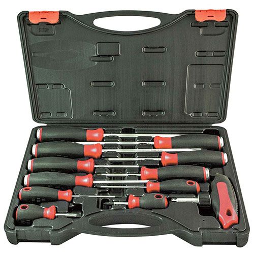 12 Piece Phillips & Blade Screwdriver Set 1/4" Dr Heads & T-handle Ratchet Drive - PKTool | Universal Auto Spares