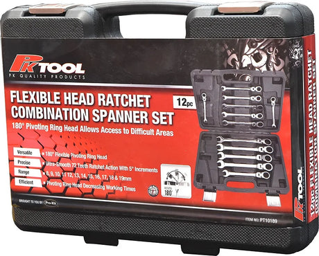 12 Pieces Flexible Head Ratchet Combination Spanner Set - PKTool