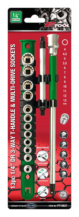 13 Pieces 1/4” DR CR-V Short Tooth Sockets 3-Way T-Handle Wrench Set - PKTool
