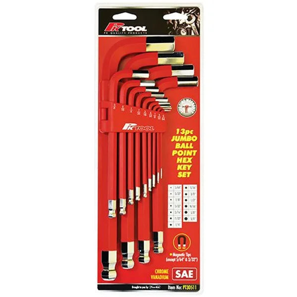 13 Pieces SAE Jumbo Long Ball End Hex Key Set With Magnetic End Tips - PKTool