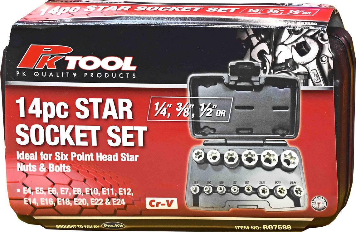 14 Piece 1/4”, 3/8” & 1/2” DR E-Star Socket Set - PKTool