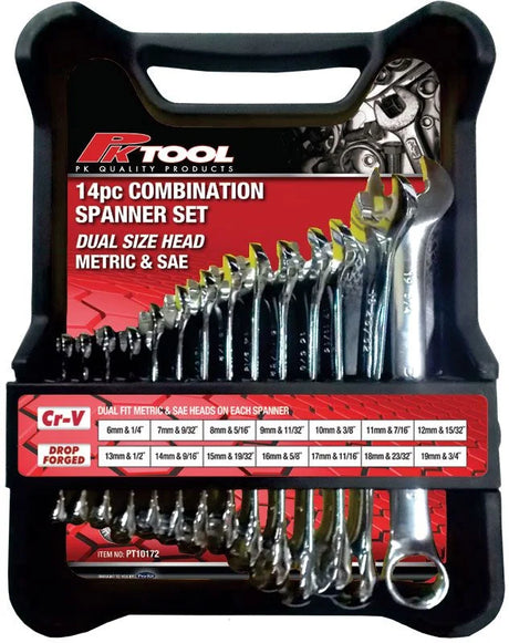 14 Pieces Metric & Sae Dual Sized Head CR-V Combination Spanner Set - PKTool