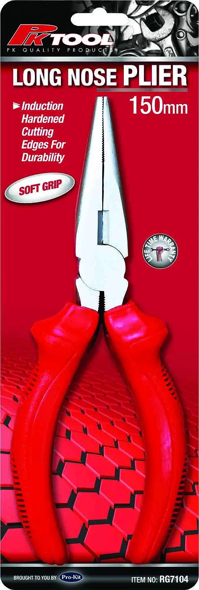 150mm (6”) Long Nose Pliers Tapered Nose, Serrated Edge & Cutting Edge - PKTool