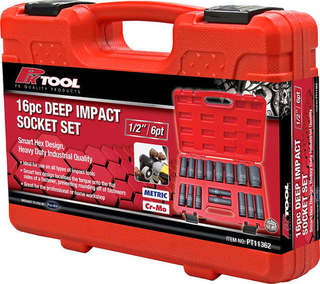 16 Piece Deep Impact Socket Set Smart Hex Design - PKTool