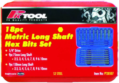18 Piece 1/4” Hex Metric Long Shaft Hex Bits Set - PKTool