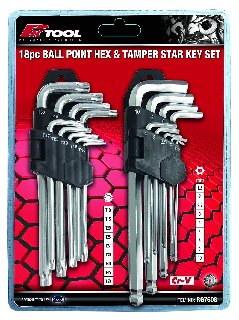 18 Pieces Metric Ball End Hex & Tamper Proof Star Key Set - PKTool