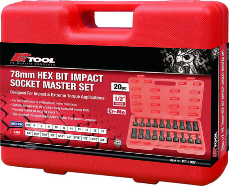 20 Piece 1/2˝ DR 78mm Hex Bit Impact Socket Master Set - PKTool