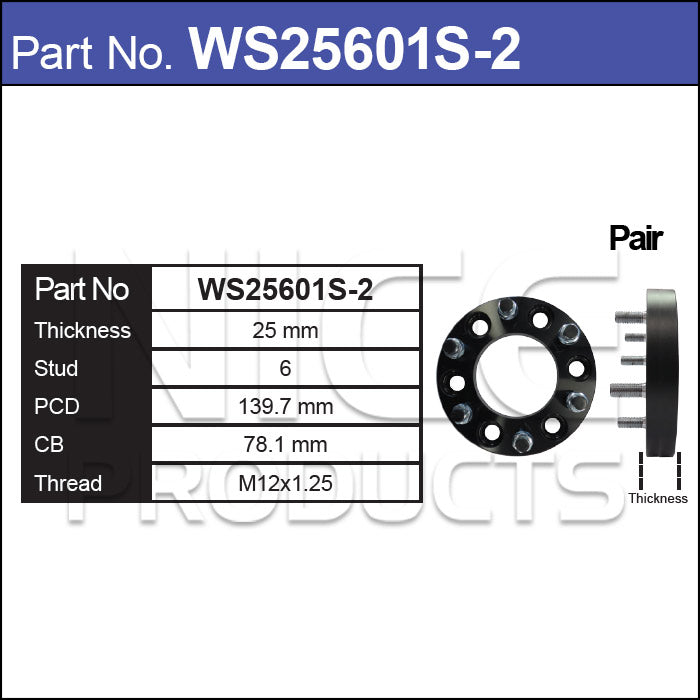 Wheel Spacers + Studs PAIR WS25601S-2 - Nice Products | Universal Auto Spares