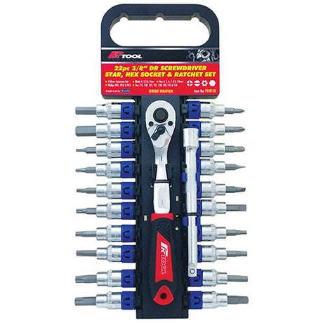 22 Piece 3/8” DR CR-V Screwdriver, Star, Hex Bit Socket & Ratchet Set - PKTool | Universal Auto Spares