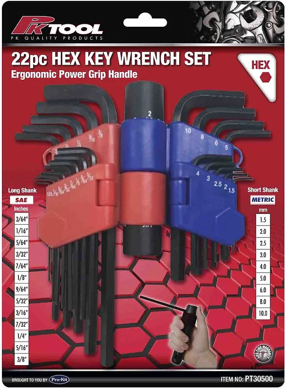 22 Pieces Metric & SAE Hex Key Set With Handle, Extra Leverage - PKTool