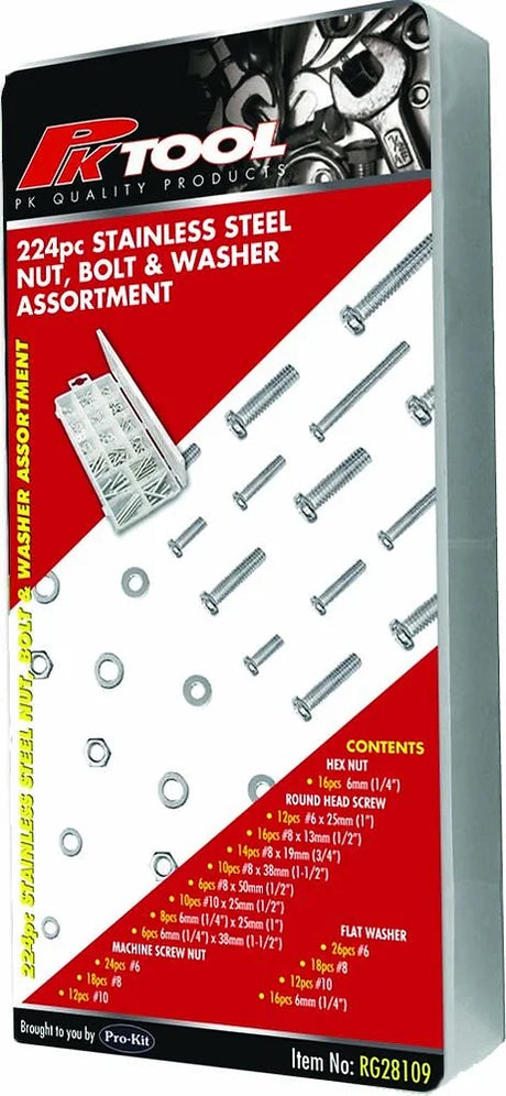 224 Piece Stainless Nut Bolt & Washer Kit Set - PKTool