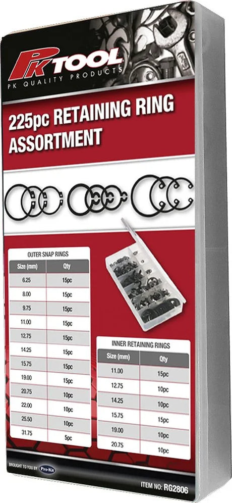 225 Piece Retaining & Snap Rings Assortment - PKTool