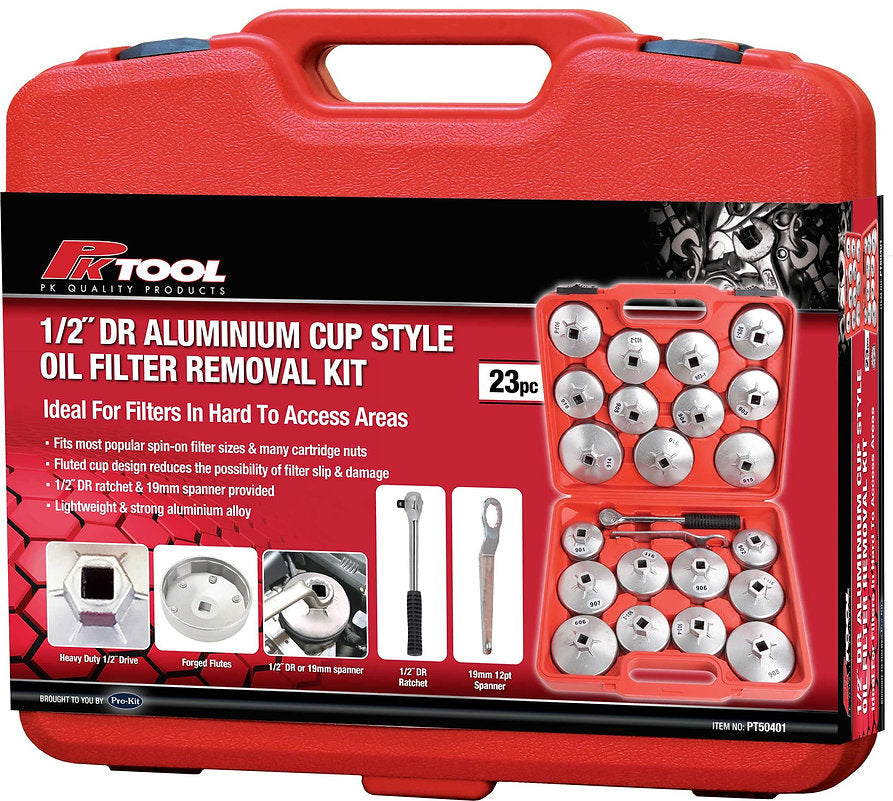 23 Pieces 1/2˝ DR Aluminium Cup Style Oil Filter Removal Kit - PKTool