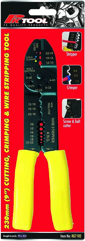 230mm (9”) 4-Way Crimping Tool Crimper, Stripper, Wire & Screw Cutter - PKTool