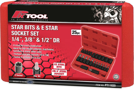 25 Piece 1/4" & 3/8" & 1/2" Star Socket & Bits Set - PKTool