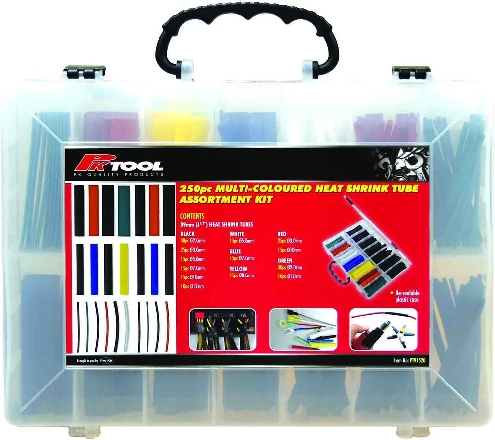 250 Piece Multi-Coloured Heat Shrink Tube Assortment Kit - PKTool | Universal Auto Spares