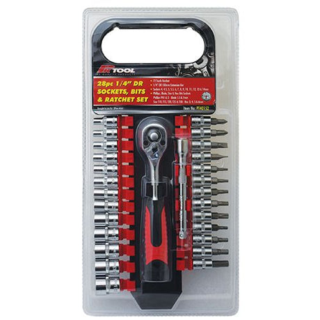 28pc 1/4” DR CR-V 150mm Regular Socket, Screwdriver & Star Bit Socket & Ratchet Set - PKTool | Universal Auto Spares