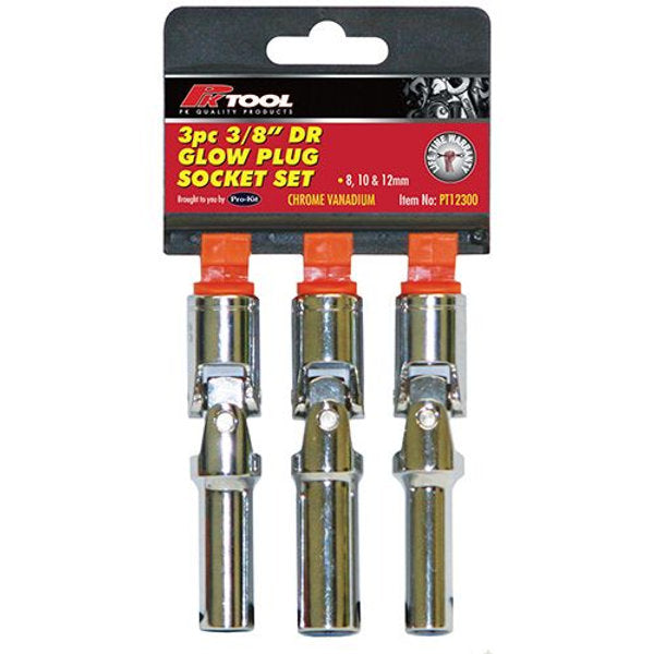 3 Piece 3/8” Drive CR-V Universal Joint Glow Plug Socket Set - PKTool