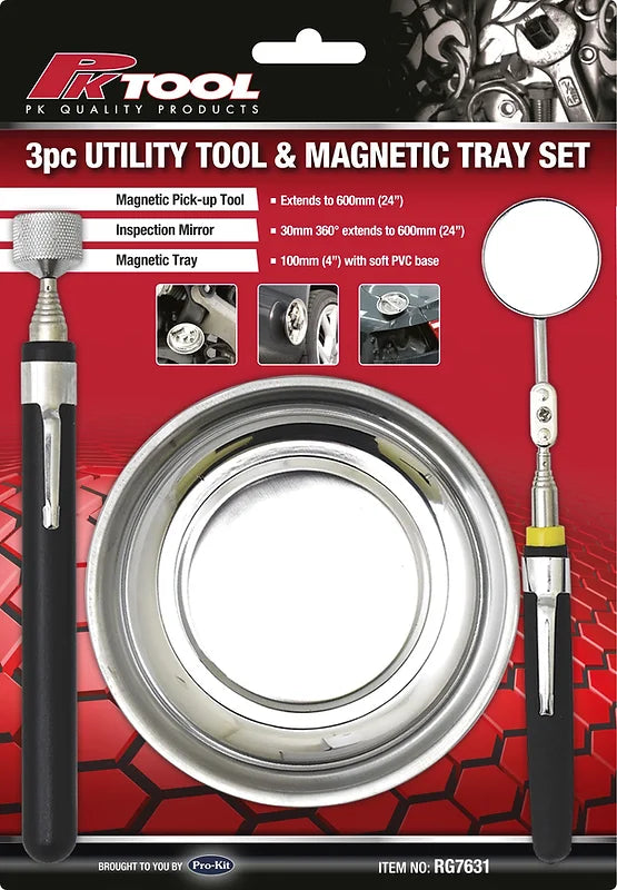 3 Pieces Magnetic Tray, Telescopic Magnetic Pick Up Tool & Inspection Mirror Set - PKTool