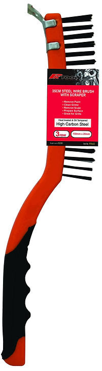 35cm (14”) 3 Row Steel Wire Brush With Scraper With Soft Ergo Grip - PKTool | Universal Auto Spares