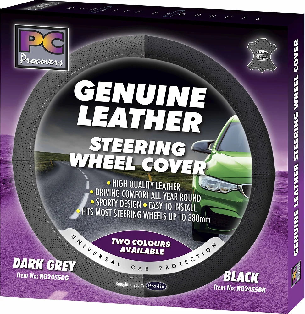 Steering Wheel Cover 38cm Genuine Leather Perforated Dark Grey - PC Procovers
