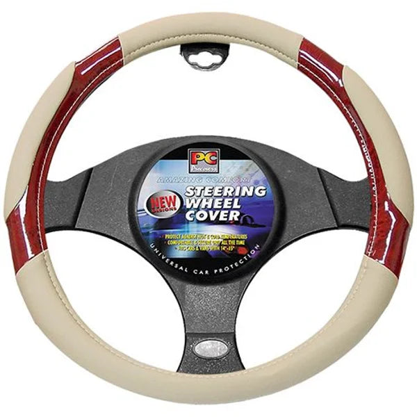 Steering Wheel Cover 38cm Perforated Soft Leather Feel Dark Wood Grain Beige - PC Procovers