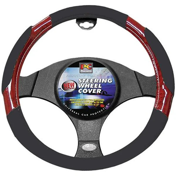 Steering Wheel Cover 38cm Perforated Soft Leather Feel Dark Wood Grain Black - PC Procovers