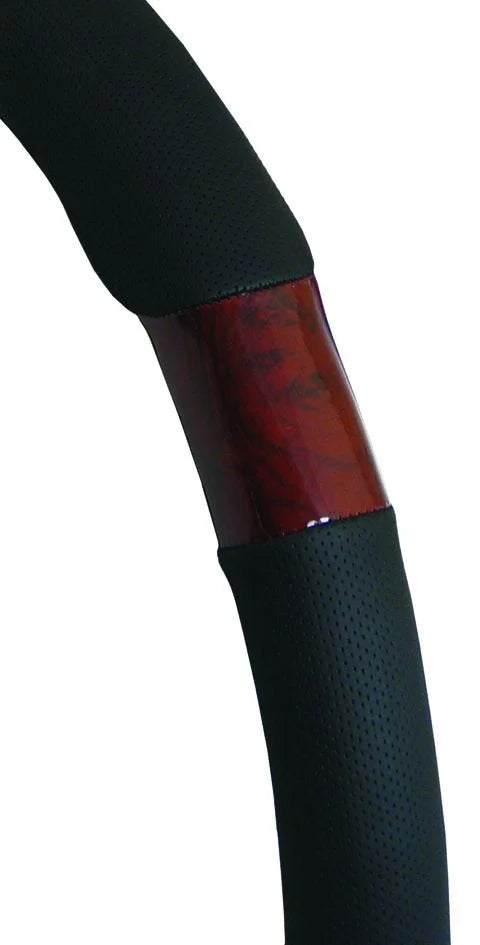 Steering Wheel Cover 38cm Perforated Soft Leather Feel Dark Wood Grain Black - PC Procovers